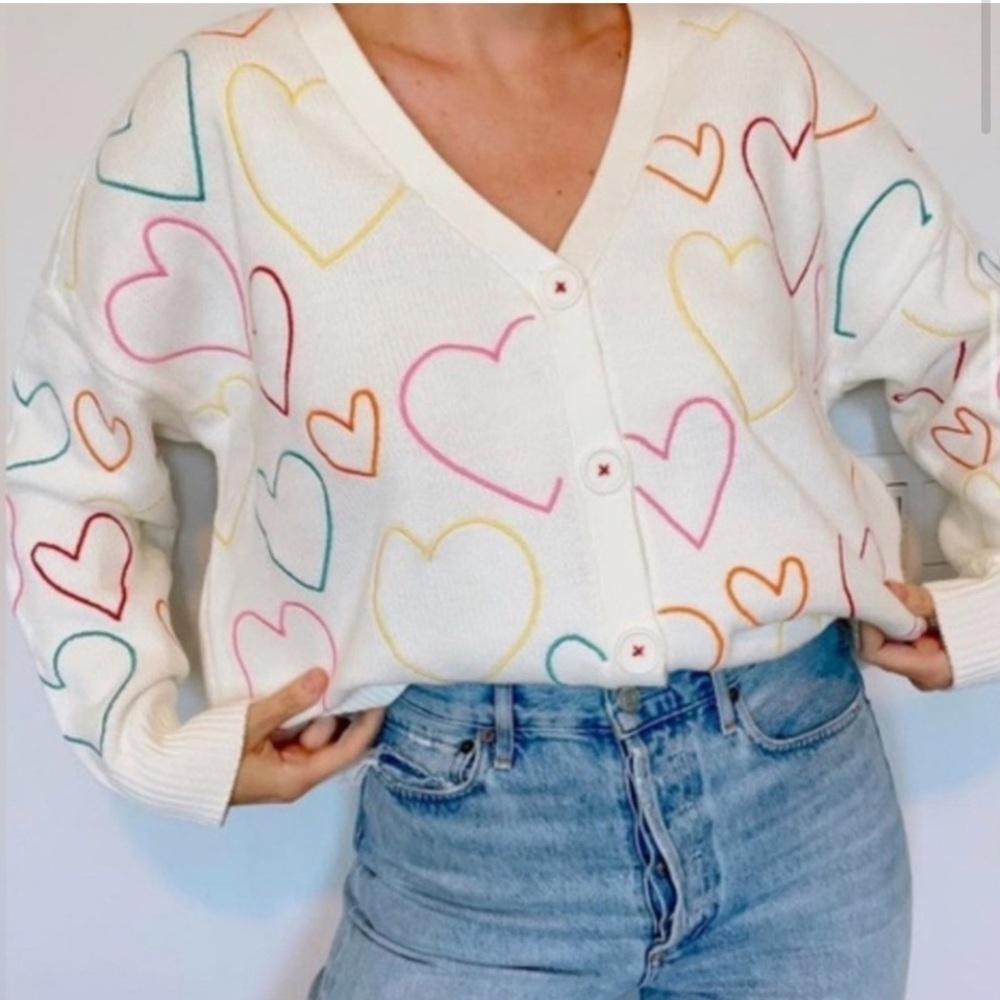 XOKR Kerri Rosenthal Cardigan – Multicolor Embroidered Hearts, Size Medium (NWT)
